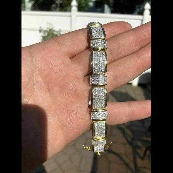 Mens Custom Bracelet 14k Yellow Gold Plated Solid 925 Silver Simulated Diamonds - Picture 2 of 10